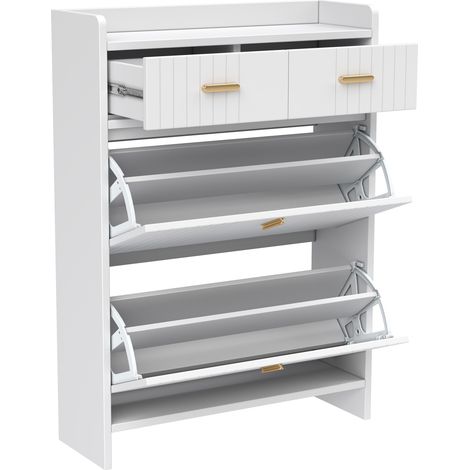 Armoire à chaussures blanche avec 2 compartiments basculants et 1 tiroir, rangement étroit pour l'entrée, 75 × 24 × 108,5 cm (1/5)