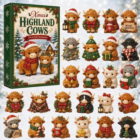 Mucca delle Highlands in costume, calendario dell'Avvento di Natale 2026 2D A