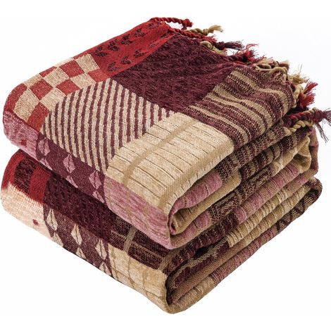 Couverture tissée en chenille - Double face - Avec franges - Couvre-lit bohème - 220 x 260 cm - Rouge - Élégante et douillette - Pour TV, fauteuil, canapé - Couverture réversible (1/5)