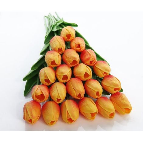 Fleurs artificielles - Lot de 20 tulipes en latex - Toucher réaliste - Décoration jardin - Couleur orange (1/5)