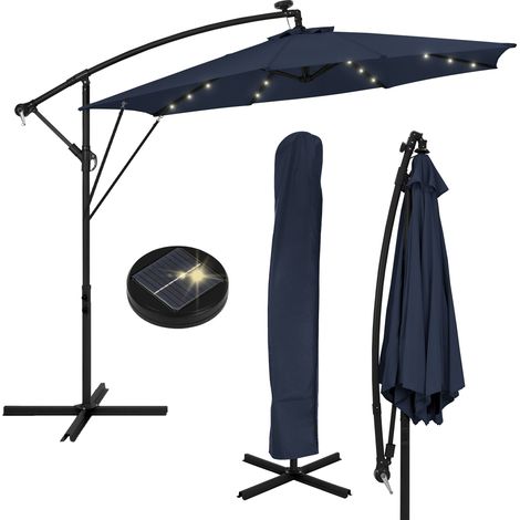 ML-Design Parasol Déporté avec LED Solaire Ø 300 cm Bleu Marine en Aluminium à Manivelle, Protection UV50+ Imperméable, Modèle Inclinable et Pivotant 360°, Meuble pour Jardin, Housse et Support inclus