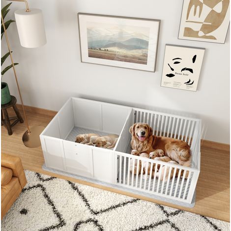 REDOM Parque para cachorros 166x80x50 cm, diseño de dos espacios, puerta ajustable, MDF blanco (1/5)