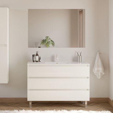Meuble de salle de bain 120cm simple vasque - 3 tiroirs - blanc brillant - MAYOR (1/5)