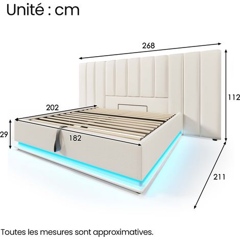 Letto Contenitore Letto Matrimoniale con USB, Tipo C e LED Regolabile 180×200 cm, senza Materasso, PU (1/4)