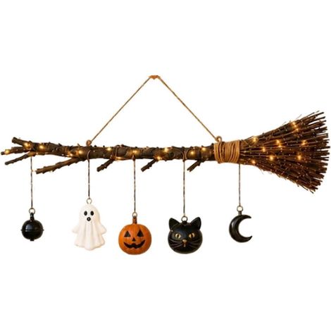 Balai de sorcière lumineux suspendu Halloween : citrouille, fantôme, chat, manche rustique brindilles, lumière LED chaude, déco intérieure (1/5)