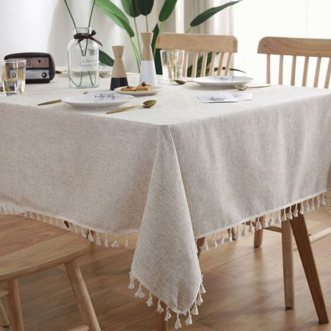 Rechteckige, fleckenabweisende Tischdecke, waschbar, einfarbig, mit Quasten, längliche Tischdecke aus Baumwollleinen für Küche, Esstisch, Buffetdekoration (Beige, 140 x 200 cm) (1/5)
