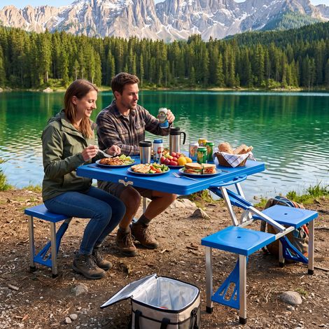 Wiltec Camping Sitzgruppe mit 4 Sitzplätzen klappbare Sitzgruppe Kunststoff Campingtisch klappbar Aluminiumstangen Campingmöbel Set Campingtisch mit Stühlen faltbar