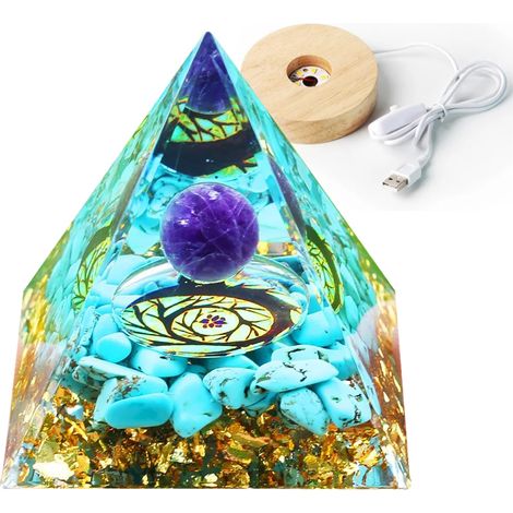 Pirámide de orgonita + base de lámpara LED, amuleto de piedras de cristal de 5 cm, 5 cm de alto x 18 pulgadas. (1/5)