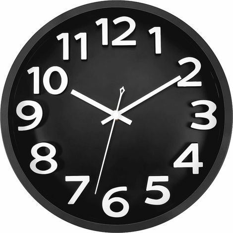 royaluxe - Horloge murale moderne, grand nombres 3D silencieux fonctionnant sur batterie et sans tic-tac, décor analogique rond pour la maison, le salon, l'école de bureau (12 pouces, grand noir) (1/5)