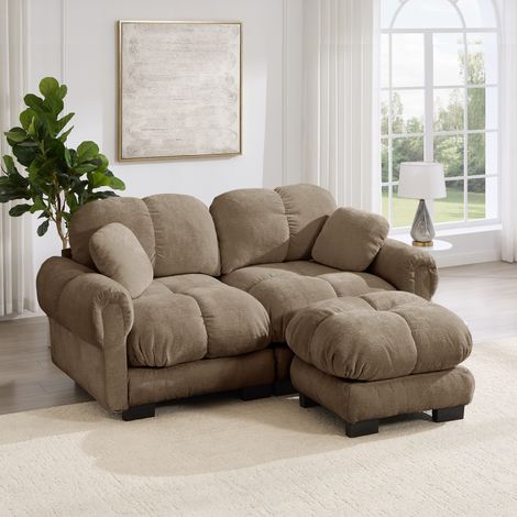 Divano angolare modulare a 2 posti in tessuto ciniglia, design elegante, cuscini ergonomici spessi, facile da montare, dimensioni soggiorno 190×149×90 cm, 1 poggiapiedi, marrone (1/5)