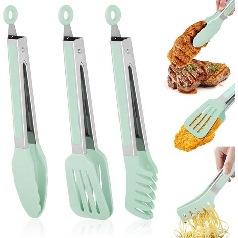 3 Pinces Cuisine Silicone 27cm Acier Inoxydable Crochets Résistant Chaleur Barbecue Salade Pâtes