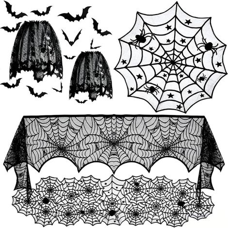 Halloween Deko Set: Tischdecke, Kaminschal, Lampenschirm, Fledermäuse
