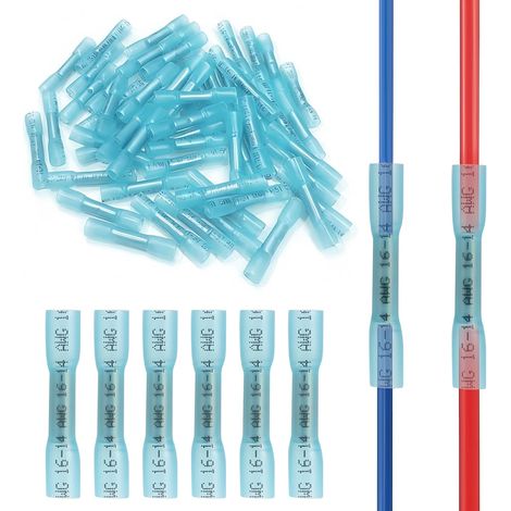 160 Pcs Cosses Thermorétractables Étanches 16-14 AWG Bleu Connecteurs électriques isolés à sertir avec gaine thermorétractable pour câblage et réparation (1/5)