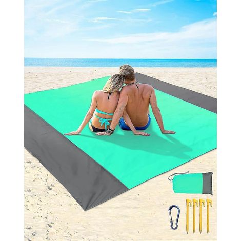 Tapis de plage imperméable pour pique-nique - Couverture de plage 210 x 200 cm, extra large, avec 4 piquets de fixation, vert (1/4)