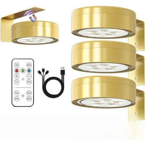 Éclairage de tableau sans fil avec télécommande - 3 lampes LED magnétiques dimmables et rechargeables, 3 couleurs de lumière, éclairage pour tableaux et cadres, or (1/5)