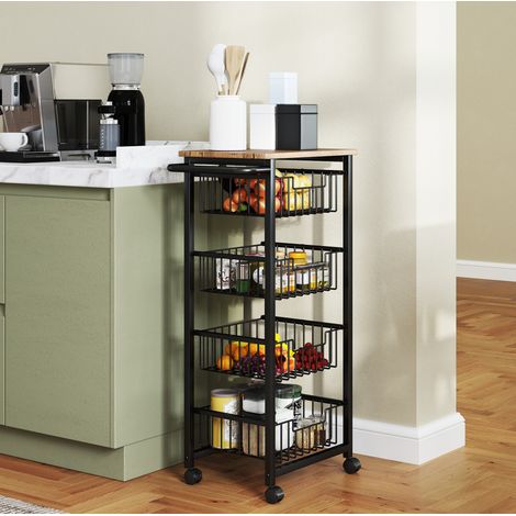 Carrello da cucina 49,5 x 31 x 91 cm in rovere con 4 cestelli estraibili, pratico e mobile (1/5)
