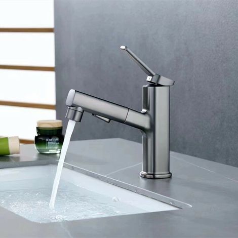 Rubinetto per bagno grigio con doccetta estraibile, miscelatore per lavello, 3 modalità di flusso d'acqua, design elegante, rubinetto per lavamani a fontana in ottone