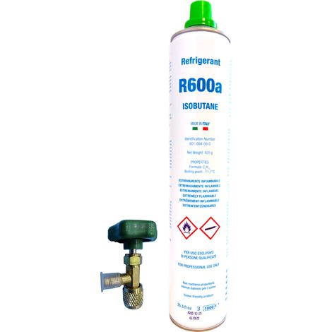 Gas Refrigerante R600a Isobutano 420g  Incluye Válvula de Servicio  Rosca 7/16"  Ecológico para Frigoríficos y Congeladores