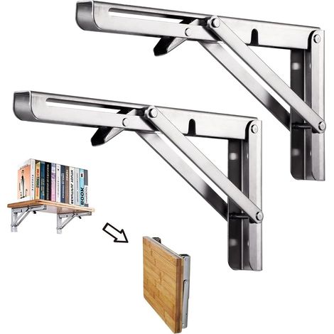 Étagères Pliants en Acier Inoxydablede 200mm, Étagère murale Pliante, Triangulaires Cadre de Support, Pour tables, Bancs et étagères, (2 pièces) Argenté (1/5)