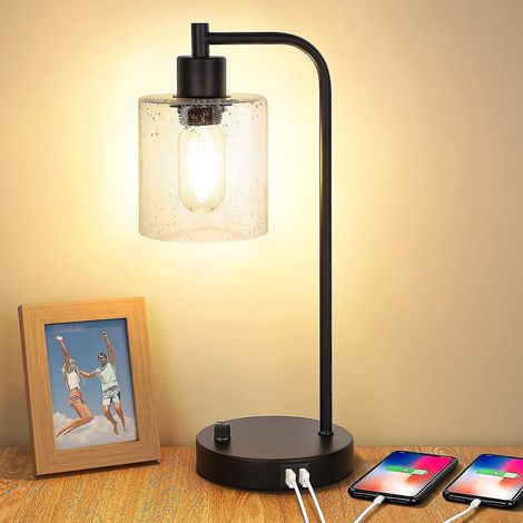 Lampe de table industrielle avec 2 ports USB, lampe de chevet/bureau vintage à intensité variable en continu, finition grainée (1/5)