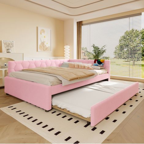 Cama nido de terciopelo rosa 140x200 cm con somier, cama extra, luz de lectura, USB y puerto Type-C (1/5)