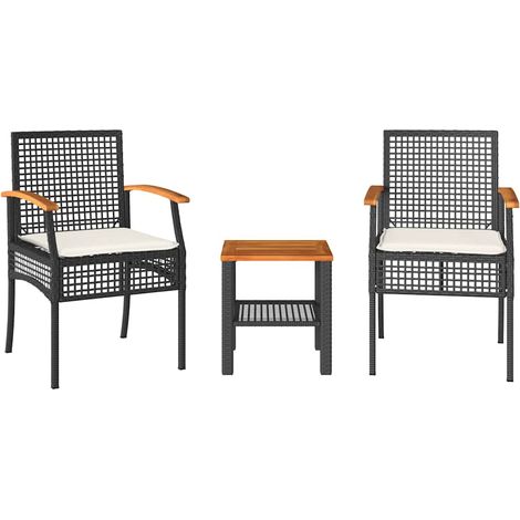 Set da Bistrò 3 pz Salotto da Giardino con Cuscini Nero Polyrattan e Legno Acacia (1/5)