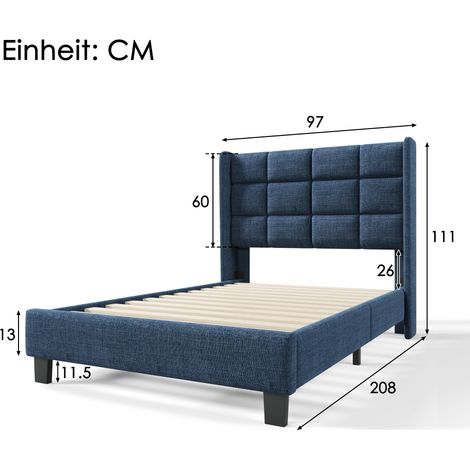 Lit rembourré au design moderne avec sa tête de lit rembourrée, lit simple avec sommier à lattes, 90x200cm, en lin bleu, fermeté moyenne (sans matelas)