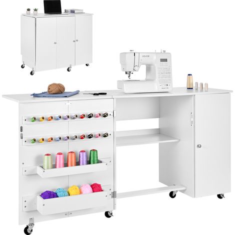 VEVOR Nähtisch Nähschrank mit Rädern & Holzrahmen & Ablagefächer & magnetischer Tür, Nähmaschinentisch Mehrzwecktisch 40 kg belastbar für Bastelstation und Beistelltisch weiß (1/5)