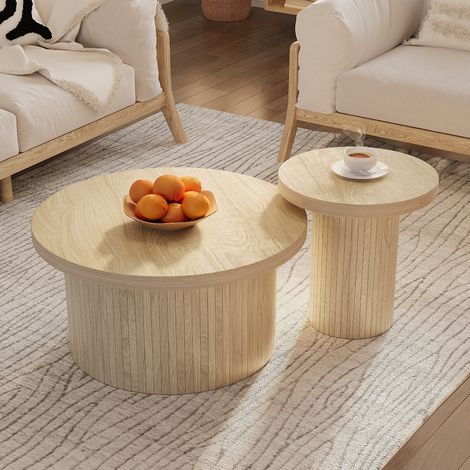 2er-Set Couchtisch, rund, 66 cm, mit Holzlattenbeinen, Country, für Wohnzimmermöbel – Natur