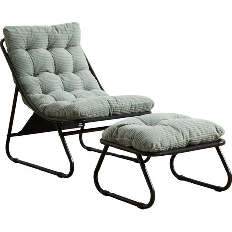 Fauteuil de détente d'extérieur avec ottomane, cadre noir et coussin vert clair, pour salon et chambre (1/5)