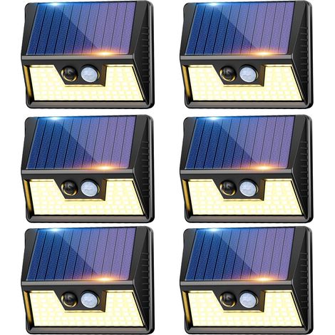 Lampe Solaire Exterieur Detecteur de Movement, Lot de 6 Lumiere Solaire Exterieur, IP65 Étanche 3 Modes Spot Solaire, 270° Eclairage Exterieur Blanc Chaud Applique Murale pour Jardin, Garage (1/5)
