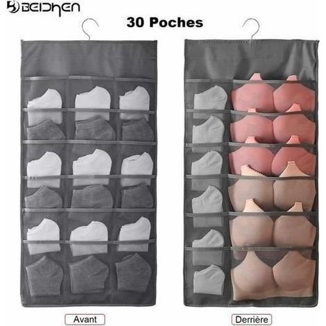 Doppelseitiger Hängeaufbewahrungsbeutel für den Kleiderschrank zur Aufbewahrung von Unterwäsche und Socken mit stabiler Metallhalterung (Grau, 30 Taschen) (1/4)