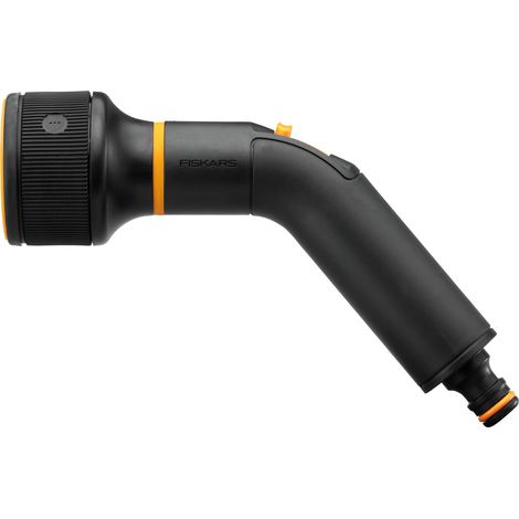 Fiskars Pistolet Pulvérisateur , 3 Modes, avec jet, Bruine et Brouillard, Pulvérisation réglable en continu, Contrôle du débit ON/OFF commandé par le pouce, Taille universelle, Noir/Orange, 1052 (1/5)