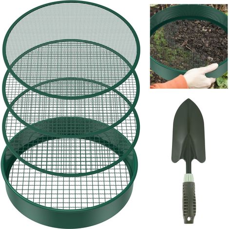 Lot de 6 tamis de jardin ronds de 30 cm avec 4 tamis interchangeables - Tamis à compost en acier inoxydable pour terre, compost, semences - Avec pelle de jardin (1/5)
