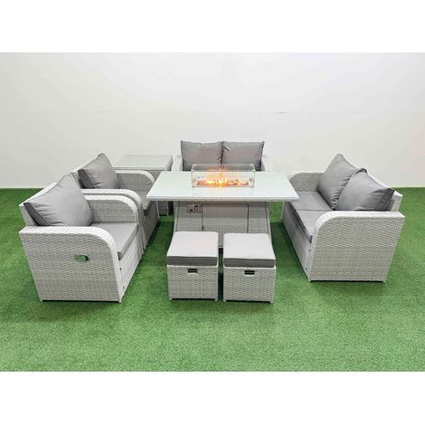 Fimous 8 Seater Outdoor Reclining Chair Love Sofa Set Rattan Garden Furniture Set with Firepit Dining Table 2 Stools Side Table Light Grey (1/4)
