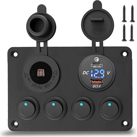 Panneau d'interrupteur de basculement avec USB C, panneau en aluminium imperméable IP65, chargeur USB prise d'allumage + voltmètre numérique, 4 interrupteurs basculeurs 12V/24V intégrés Fusible 15A (1/5)