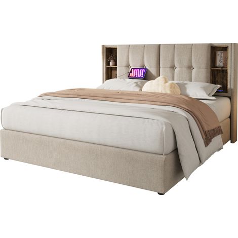 Letto Matrimoniale Contenitore 160 x 200 cm in Lino, Ricarica Wireless, 2 USB e Type-C, Senza Materasso (1/5)