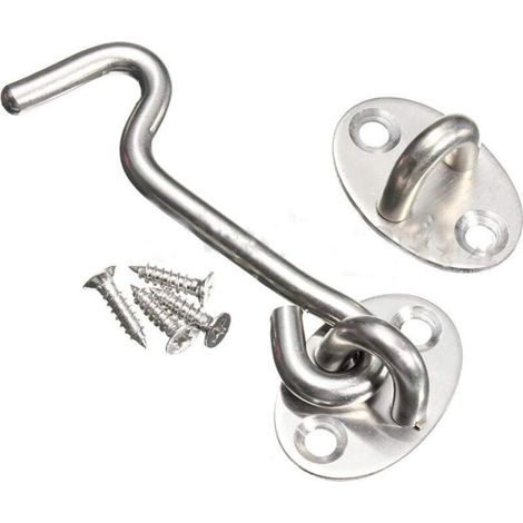 Chiusura a gancio e occhiello in acciaio inox per cabina, resistente, in metallo, per porta di casetta da giardino, silenziosa, antivento, con viti di montaggio per porte, finestre e armadi. (1/5)