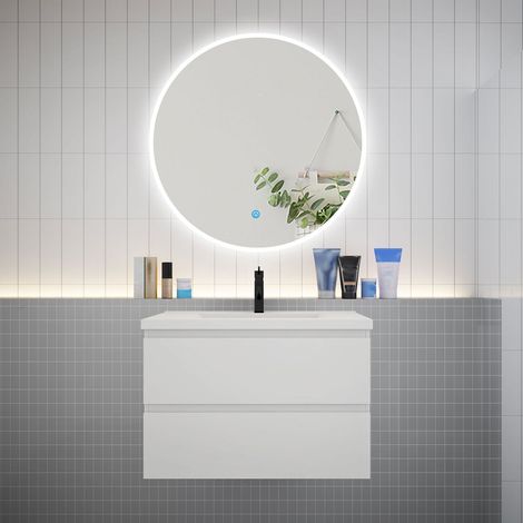 Ensemble meuble vasque L.79cm 2 tiroirs + lavabo + LED miroir rond 90cm,blanc,easy