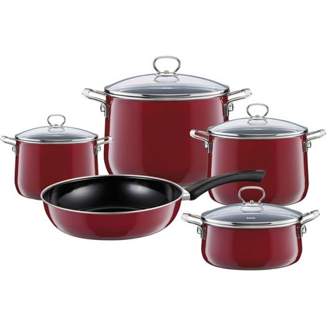 Riess Set de vaisselle avec couvercle en verre 5 pièces émail Nouvelle Rosso extra fort