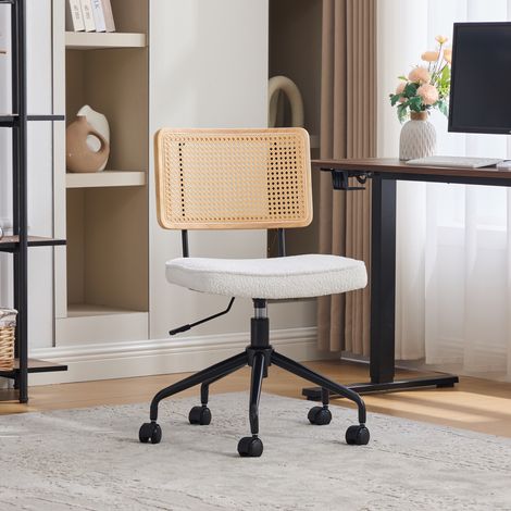 Chaise bureau vintage rotin roulettes, fauteuil pivotant réglable en tissu chenille, piètement bois pour domicile, salon ou télétravail (Ivoire) (1/5)