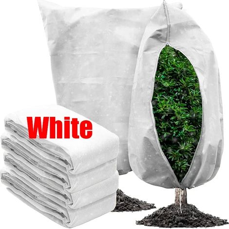 Sac de protection hivernale multi-tailles (blanc, 80 x 100 cm) en non-tissé, pour arbustes et arbres, avec cordon de serrage et fermeture éclair. (1/4)