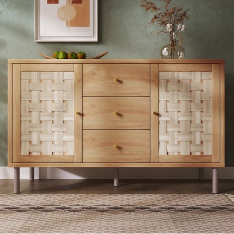 Aparador 120x40x75 cm roble en madera con 2 puertas, 3 cajones, estantes regulables y patas metálicas (1/5)