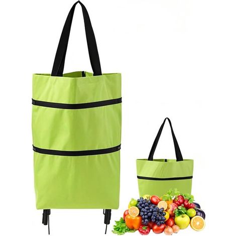 Bolsas de la compra, Carrito plegable con ruedas, Carrito de la compra plegable 2 en 1 con ruedas, Reutilizable, Apto para verduras, Verde (1/5)