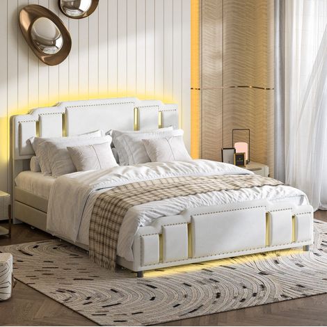Letto matrimoniale moderno in velluto beige 140x200 cm con testiera imbottita, LED integrati e 4 cassetti