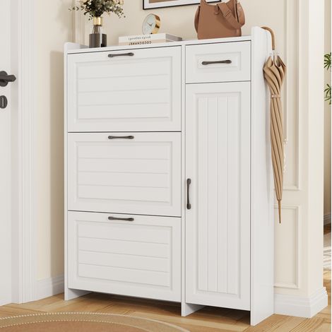 Zapatero de 92x24x121 cm con 3 puertas abatibles, 1 cajón, 1 puerta y estantes ajustables, MDF blanco (1/5)
