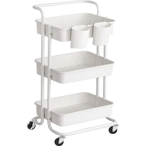 Chariot mobile à 3 niveaux desserte sur roulettes étagère de rangement avec poignée 2 pots 2 freins paniers en plastique montage facile pour chambre cuisine blanc (1/3)