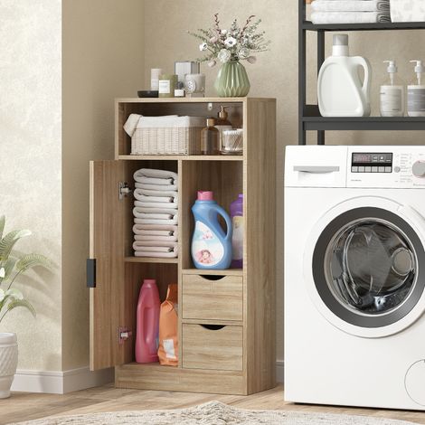 Meuble salle de bain fin 2 tiroirs avec étagères et armoire, 50x25x100 cm, bois naturel, design compact (1/5)