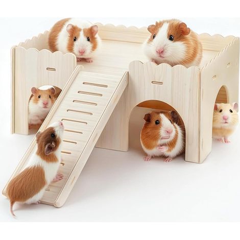 Casa grande para cobayas con rampa, con 4 entradas, accesorios de juguete para cobayas, conejos, chinchillas, 38 x 25 x 18 cm