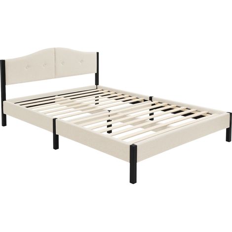 ML-Design Cama Tapizada Doble 140x200 cm Estructura con Cabecero y Somier Robusto de Láminas con Armazón de Acero y Tejido de Lino Beige, Base para Dormitorio Matrimonial Moderno (1/5)